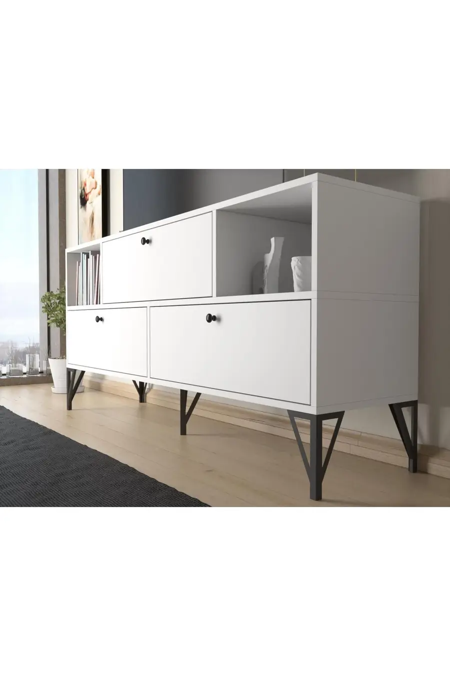 Mia 160 Cm Metal Ayaklı Tv Ünitesi - Konsol - Beyaz / Siyah